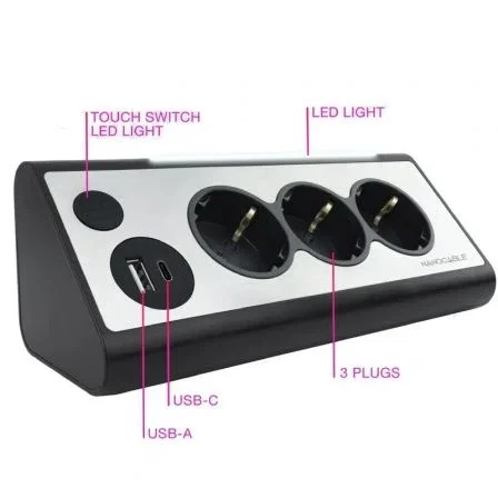 Nanocable - Regleta de sobremesa con 3 enchufes Shucko, 1 USB-C, 1 USB-A, iluminación LED e interruptor - Cable de 1.50 metros - shuckos Nanocable - Regleta de sobremesa con 3 enchufes Shucko, 1 USB-C, 1 USB-A, iluminación LED e interruptor - Cable de 1.50 metros - shuckos